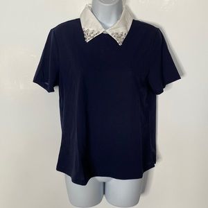 Boutique Black & White Embellished Collar Short Sleeve Blouse